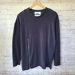 Chapter Navy Slub Knit Raw Hem Zipper Detail Long Sleeve Shirt Small